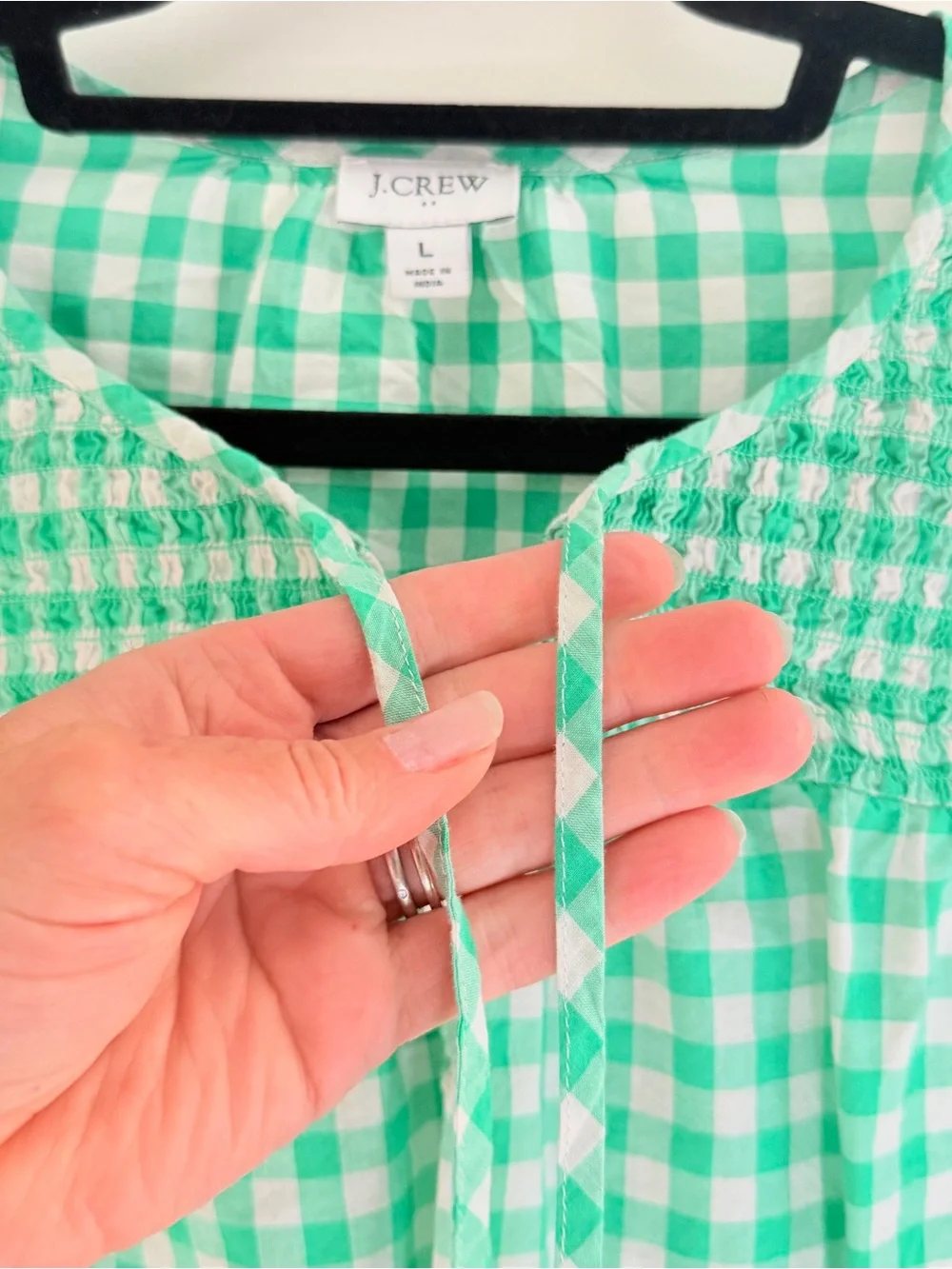 J. Crew Green Gingham Smocked Long-Sleeve Blouse Large